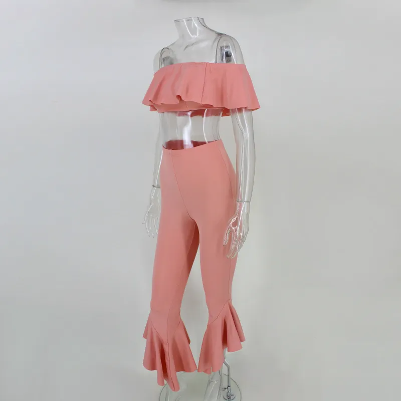 Women's Summer Polyester Off-Shoulder Two-Piece Jumpsuit With Ruffles