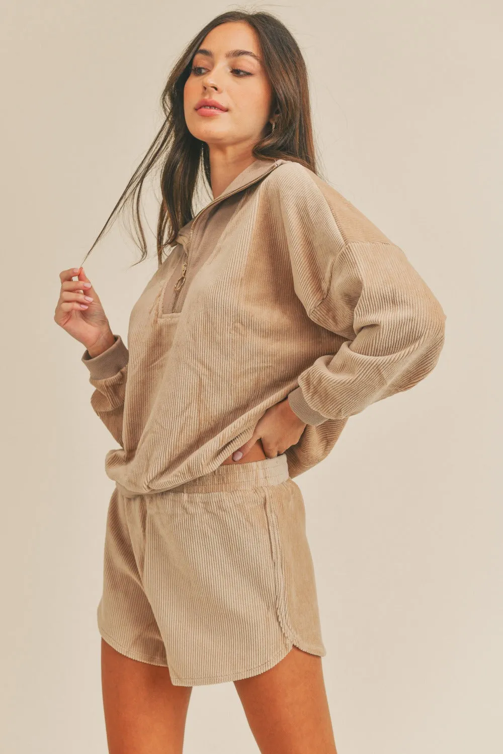 Women's Tan Corduroy Half Zip Top and Shorts Set