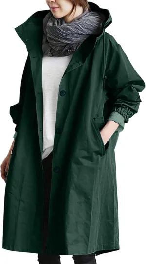 Women's Trench Coats Plus Size Casual Rain Jacket Fashion Winter Hooded Oversized Long Windbreaker Jackets Outerwear