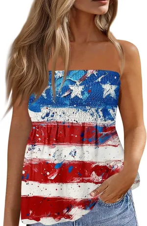 Women's Tube Top Casual Beach Vacation Shirts Flag Print Sleeveless T Shirts Strapless 4th of July Cute Tank Tops