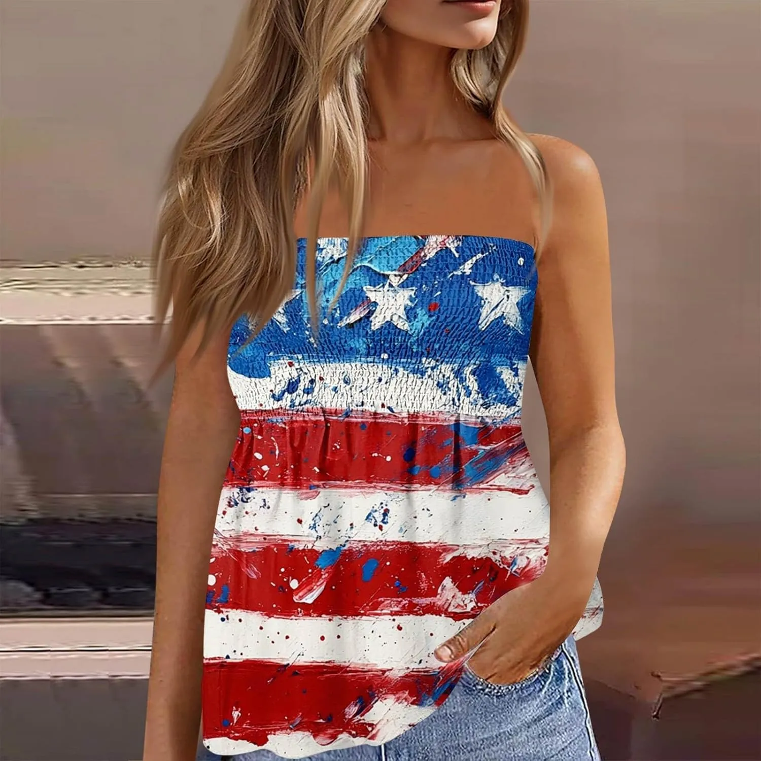 Women's Tube Top Strapless Casual Cute Tank Tops 4th of July Sleeveless T Shirts Beach Vacation Flag Print Shirts