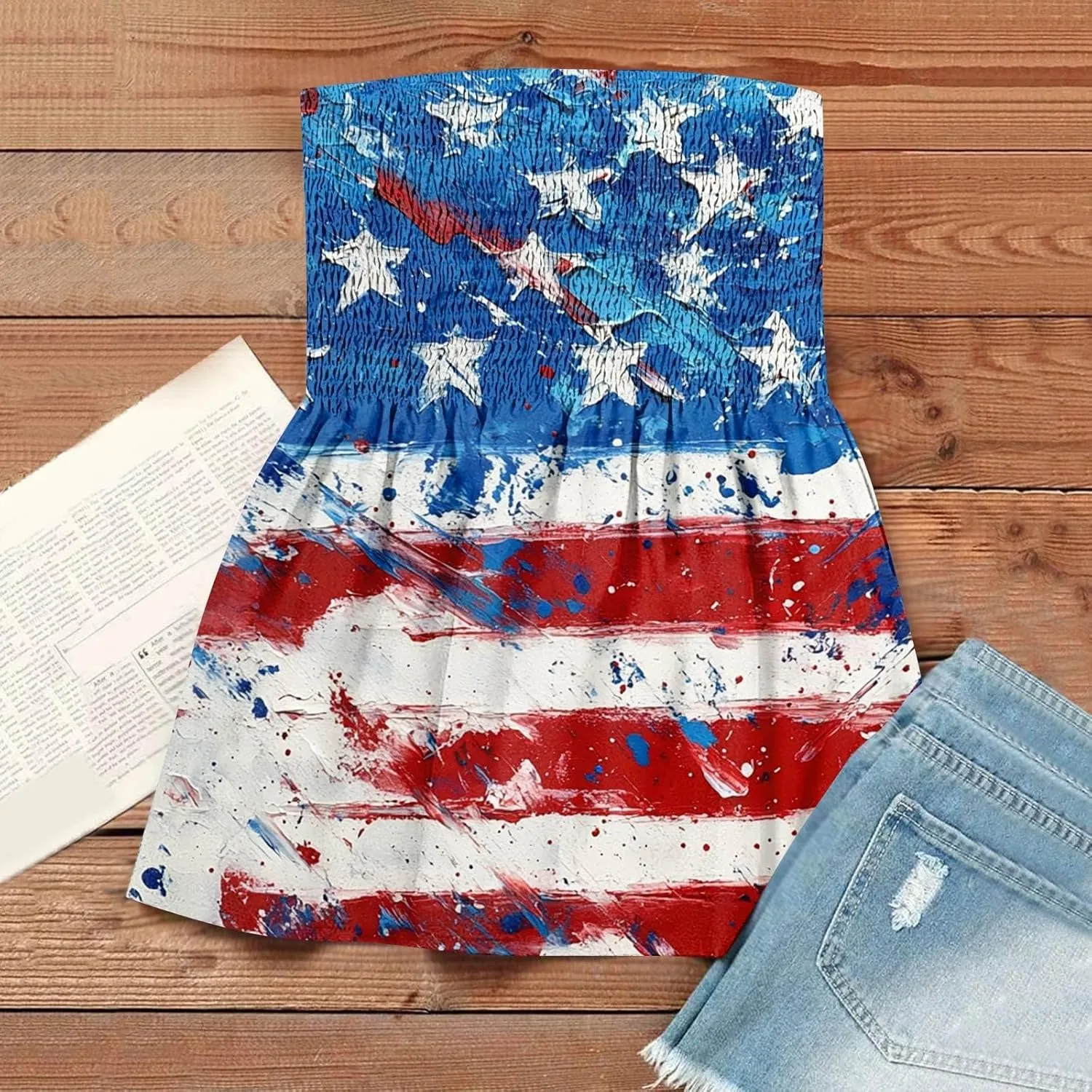 Women's Tube Top Strapless Casual Cute Tank Tops 4th of July Sleeveless T Shirts Beach Vacation Flag Print Shirts