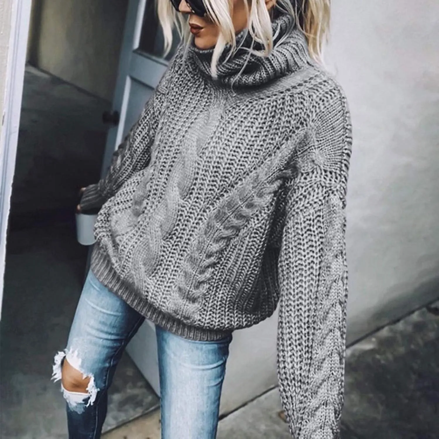 Women's Turtleneck Sweater Loose Oversized Pullover Warm Thicken Thermal Blouse Winter Solid Stretch Shirt