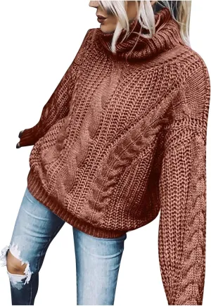 Women's Turtleneck Sweater Loose Oversized Pullover Warm Thicken Thermal Blouse Winter Solid Stretch Shirt
