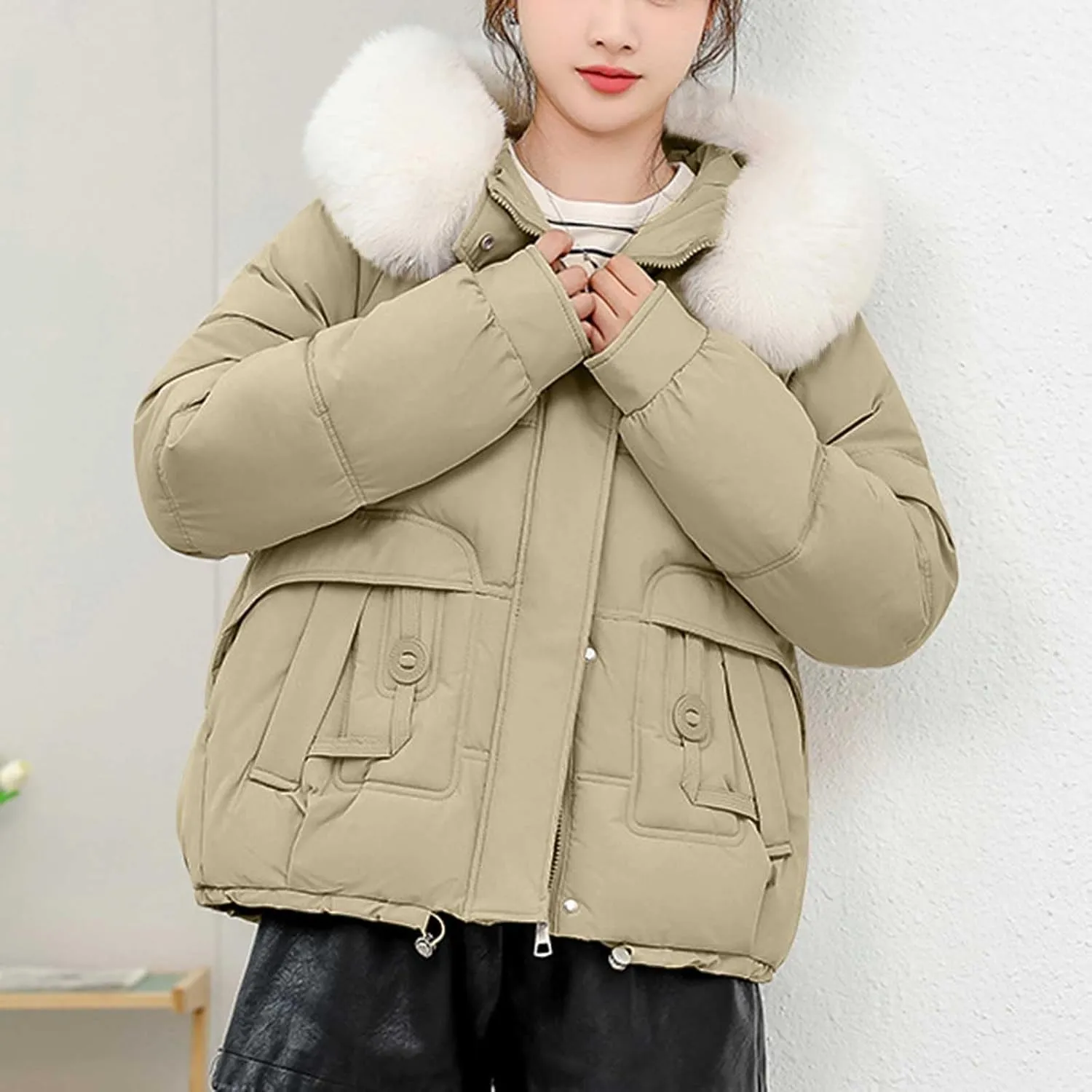 Women's Winter Coat Warm Cropped Puffer Jacket with Faux Fur Hood Thicken Parkas Down Coats Snow Jackets Outerwear