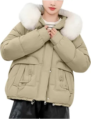 Women's Winter Coat Warm Cropped Puffer Jacket with Faux Fur Hood Thicken Parkas Down Coats Snow Jackets Outerwear