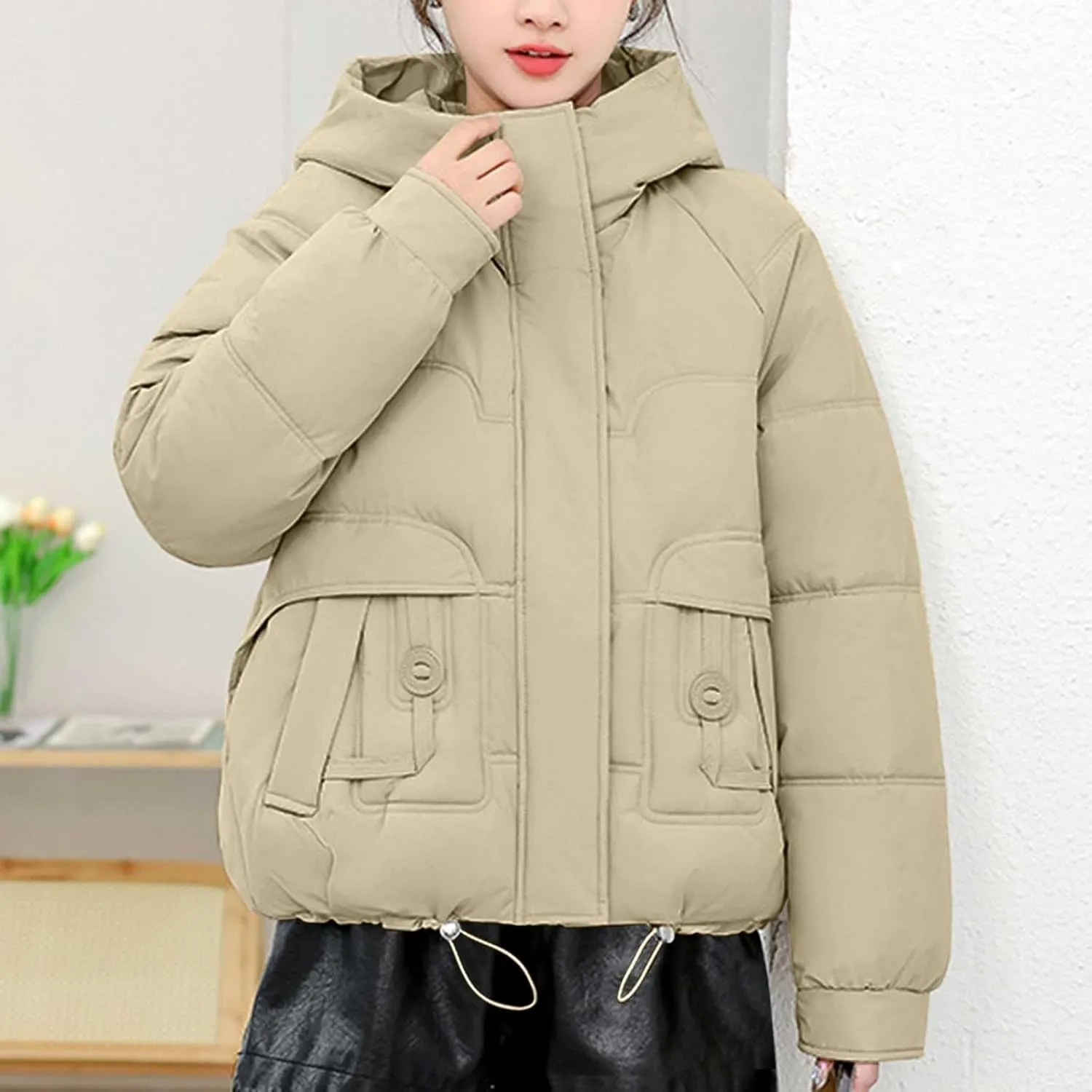 Women's Winter Coat Warm Cropped Puffer Jacket with Faux Fur Hood Thicken Parkas Down Coats Snow Jackets Outerwear