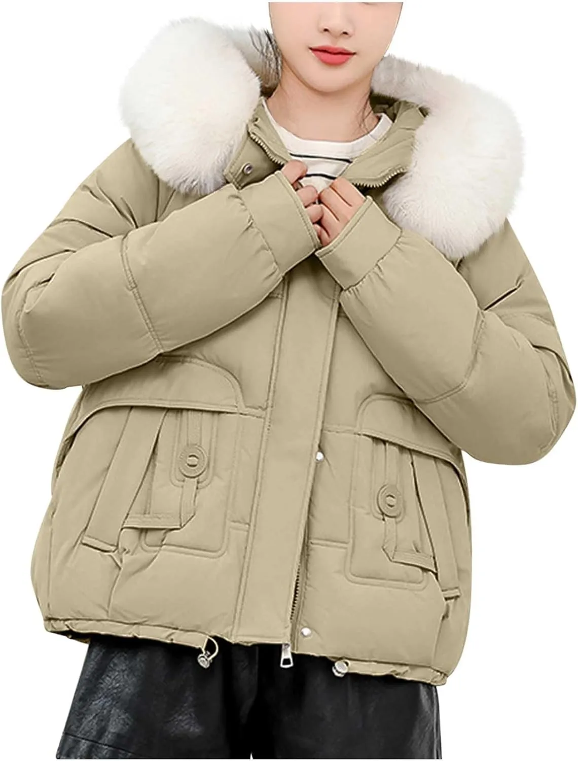 Women's Winter Coat Warm Cropped Puffer Jacket with Faux Fur Hood Thicken Parkas Down Coats Snow Jackets Outerwear
