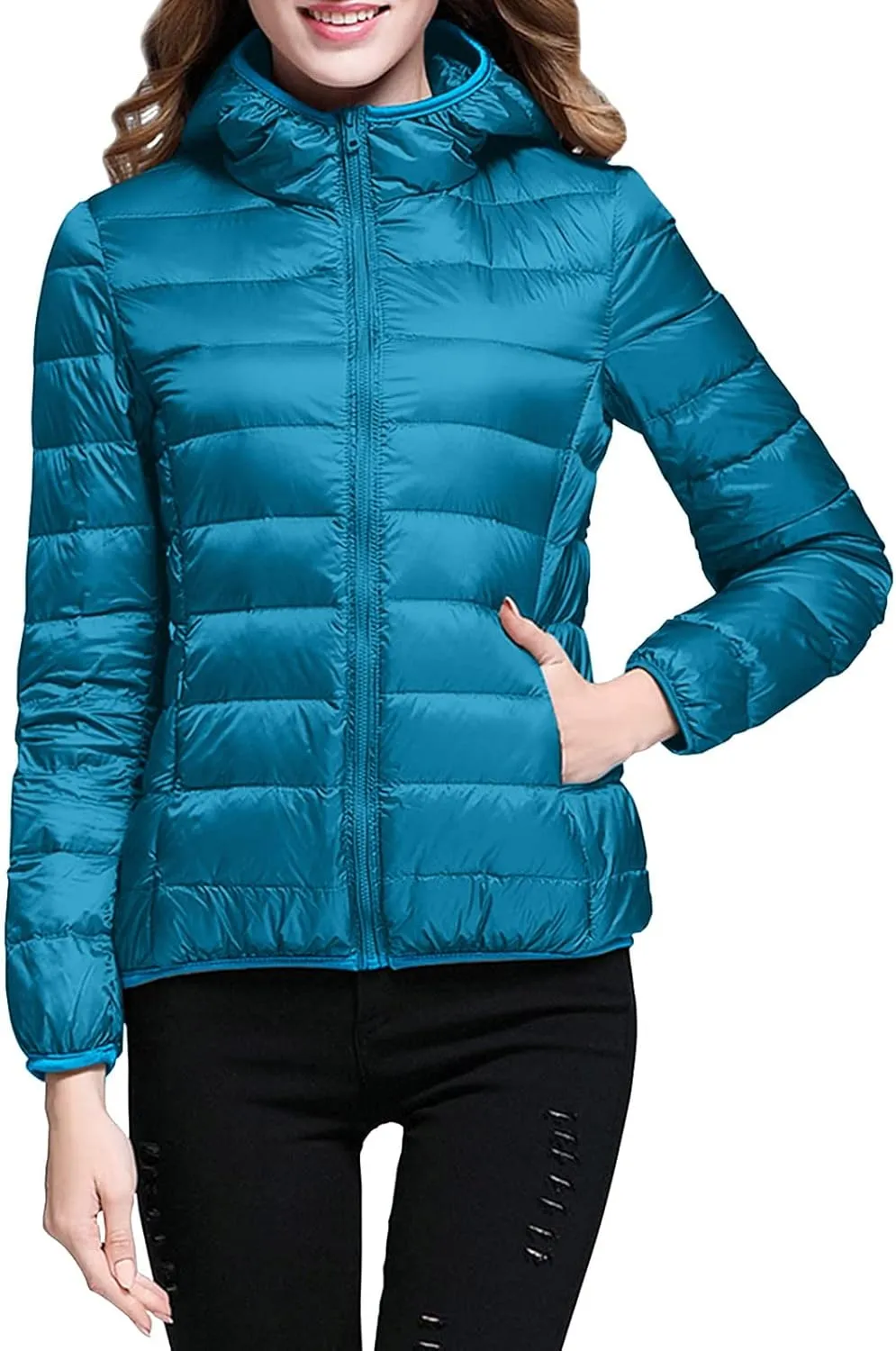 Womens Winter Lightweight Packable Puffer Coats Slim Fit Windproof Quilted Hooded Down Jackets Outerwear with Pockets