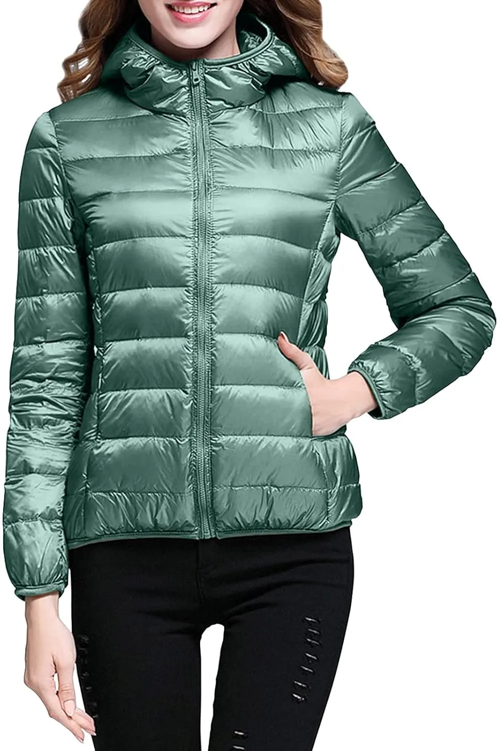 Womens Winter Lightweight Packable Puffer Coats Slim Fit Windproof Quilted Hooded Down Jackets Outerwear with Pockets