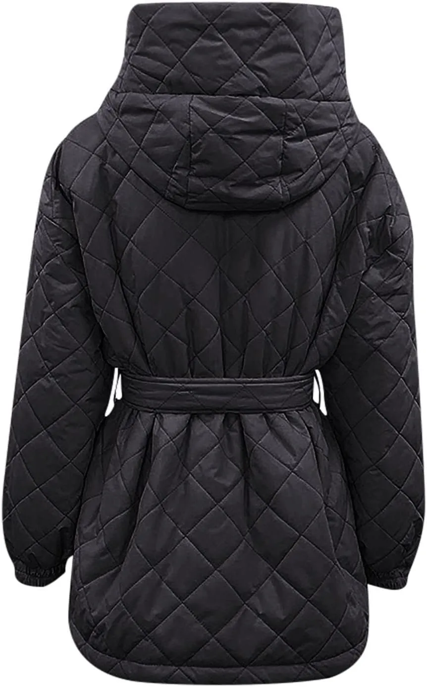 Womens Winter Puffer Jacket Hooded Down Coat Casual Quilted Baggy Long Sleeve Zip Puffy Jackets Outerwear with Belt