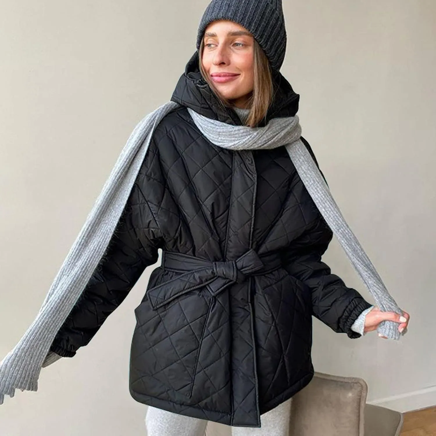 Womens Winter Puffer Jacket Hooded Down Coat Casual Quilted Baggy Long Sleeve Zip Puffy Jackets Outerwear with Belt