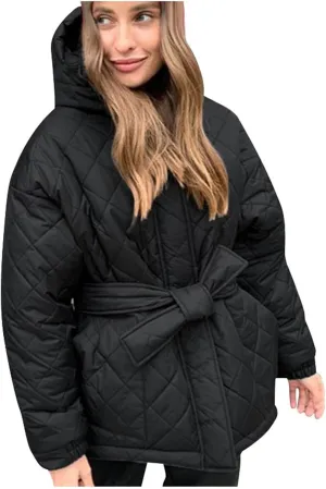 Womens Winter Puffer Jacket Hooded Down Coat Casual Quilted Baggy Long Sleeve Zip Puffy Jackets Outerwear with Belt