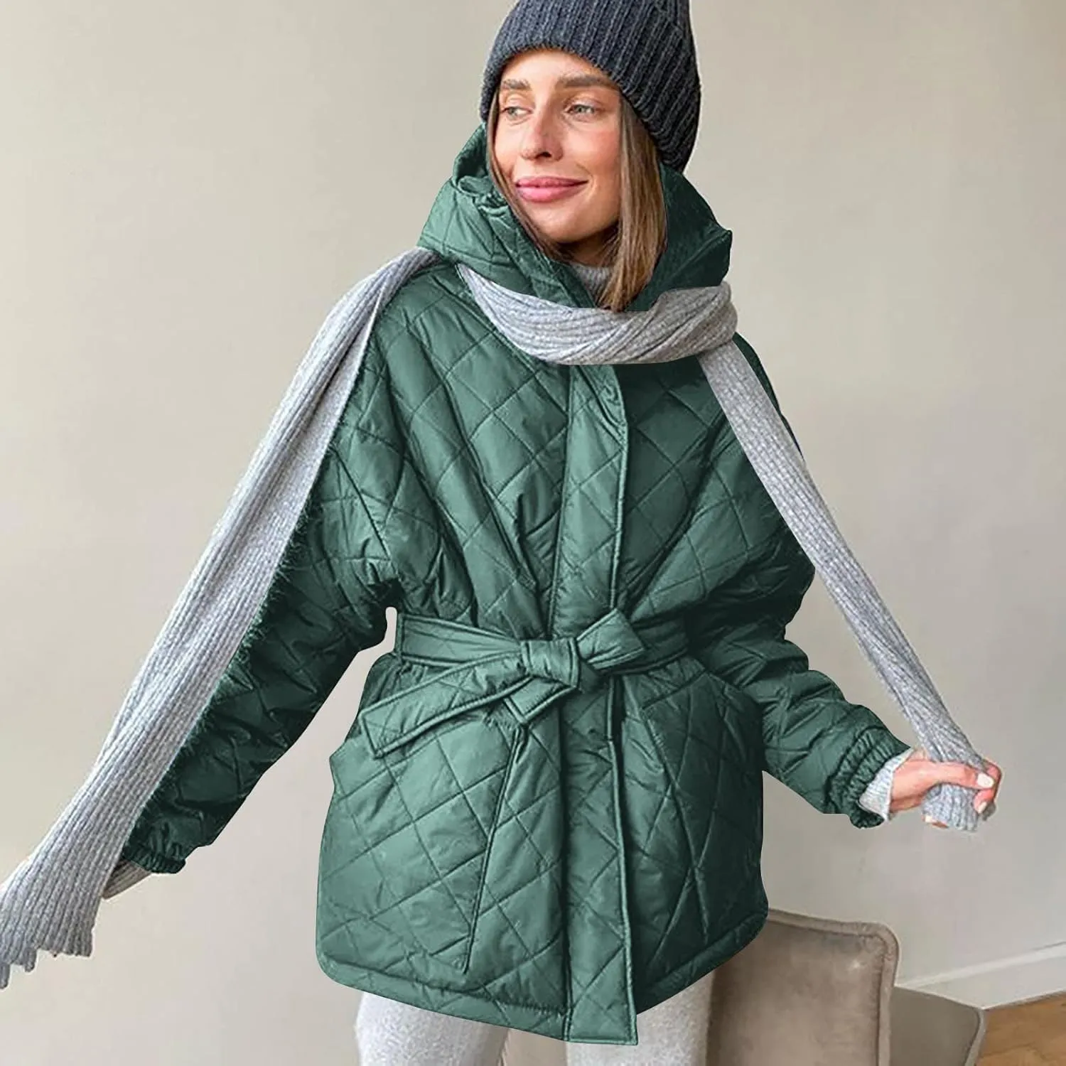 Womens Winter Puffer Jacket Hooded Down Coat Casual Quilted Baggy Long Sleeve Zip Puffy Jackets Outerwear with Belt