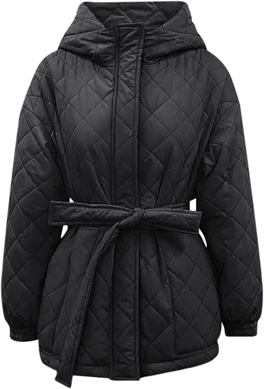 Womens Winter Puffer Jacket Hooded Down Coat Casual Quilted Baggy Long Sleeve Zip Puffy Jackets Outerwear with Belt