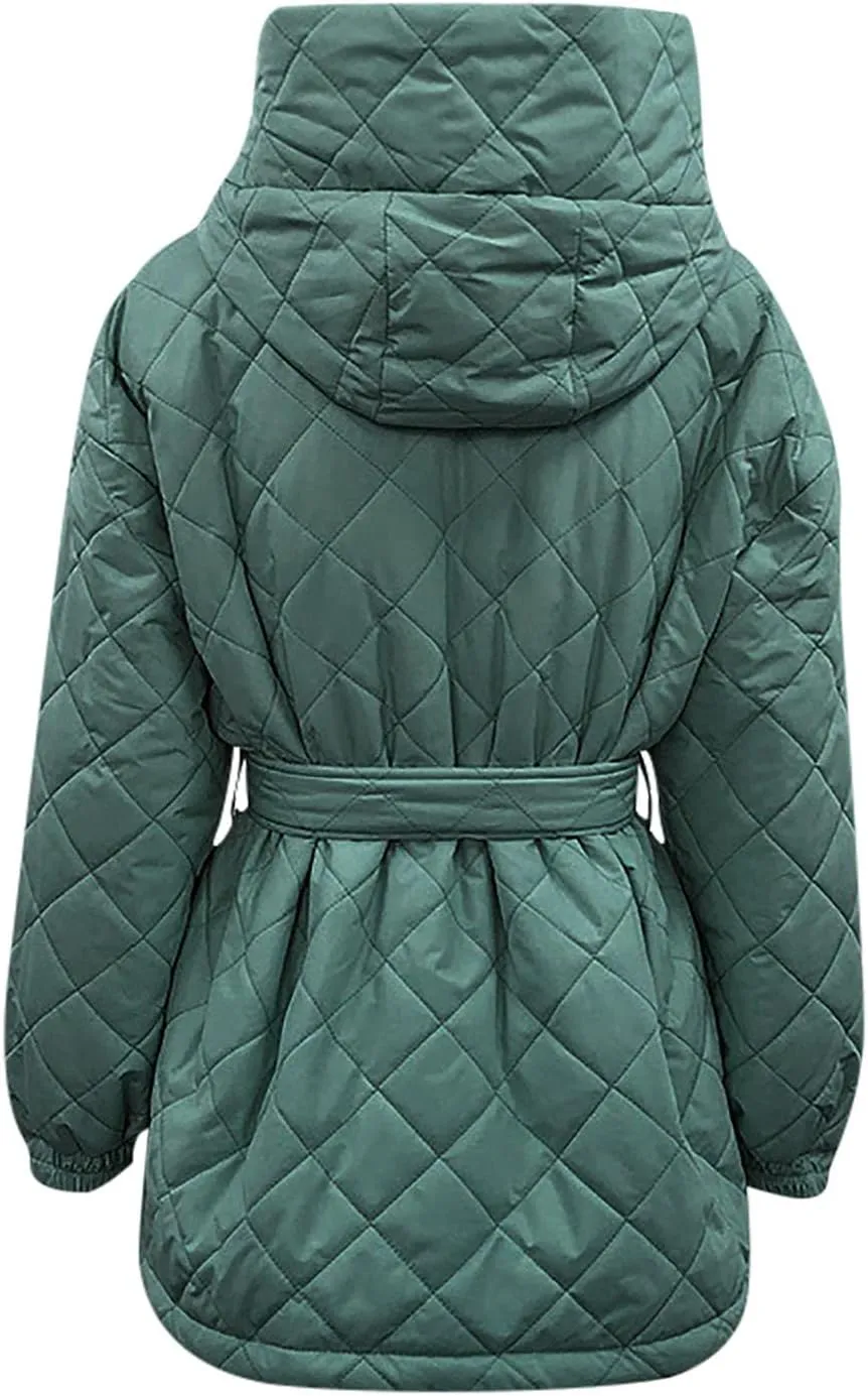 Womens Winter Puffer Jacket Hooded Down Coat Casual Quilted Baggy Long Sleeve Zip Puffy Jackets Outerwear with Belt