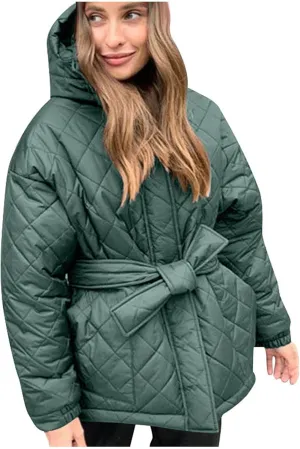 Womens Winter Puffer Jacket Hooded Down Coat Casual Quilted Baggy Long Sleeve Zip Puffy Jackets Outerwear with Belt