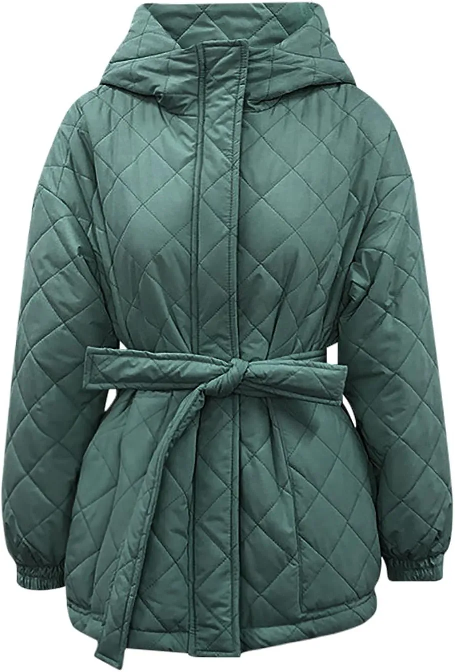 Womens Winter Puffer Jacket Hooded Down Coat Casual Quilted Baggy Long Sleeve Zip Puffy Jackets Outerwear with Belt