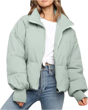Women’s Winter Warm Cropped Puffer Jacket Coat Casual Quilted Baggy Long Sleeve Zip Down Sherpa Jackets Outerwear