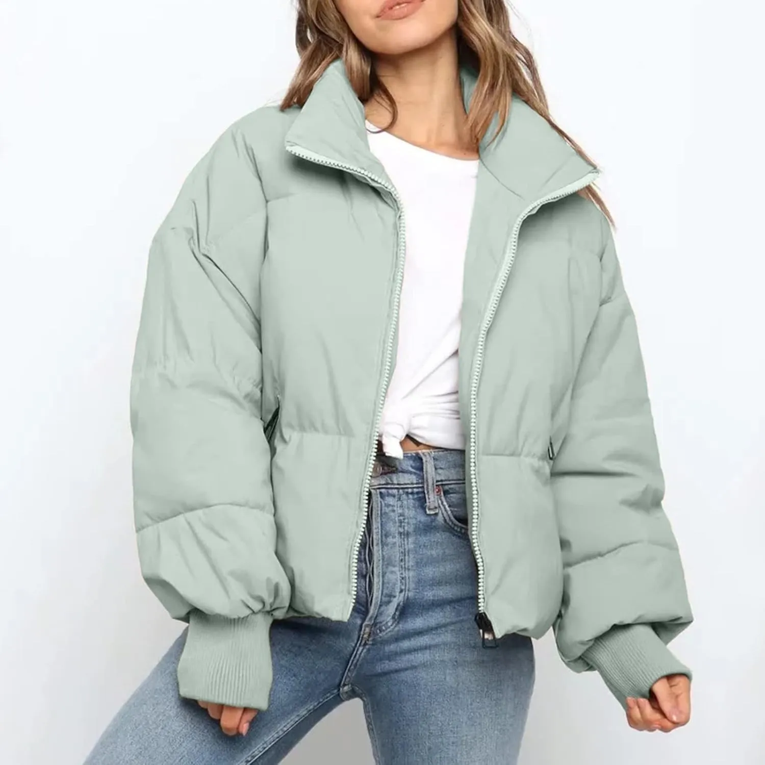 Women’s Winter Warm Cropped Puffer Jacket Coat Casual Quilted Baggy Long Sleeve Zip Down Sherpa Jackets Outerwear