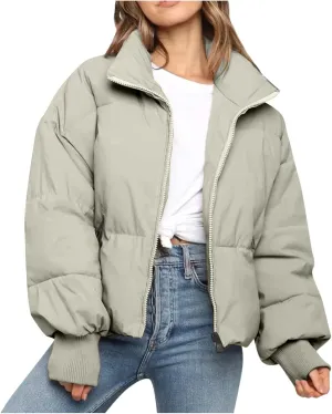 Women’s Winter Warm Cropped Puffer Jacket Coat Casual Quilted Baggy Long Sleeve Zip Down Sherpa Jackets Outerwear