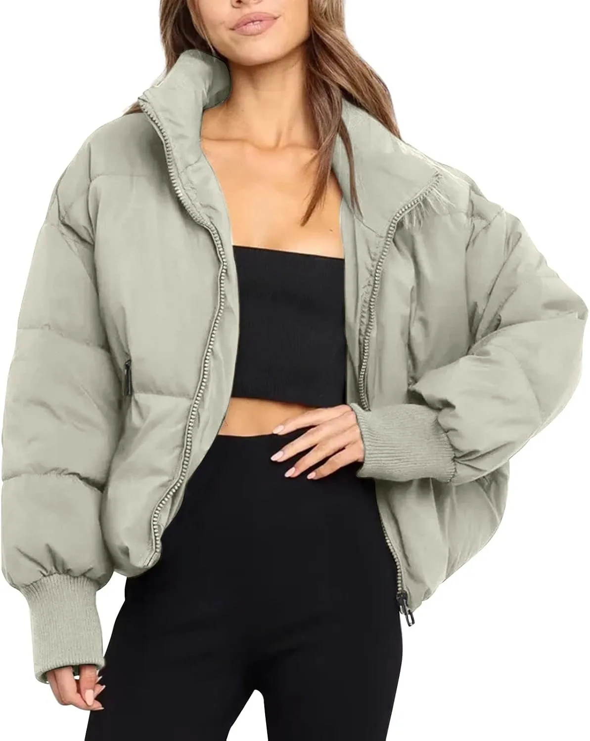 Women’s Winter Warm Cropped Puffer Jacket Coat Casual Quilted Baggy Long Sleeve Zip Down Sherpa Jackets Outerwear