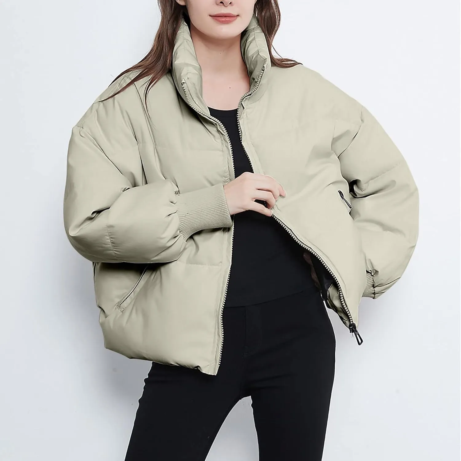 Women’s Winter Warm Cropped Puffer Jacket Coat Casual Quilted Baggy Long Sleeve Zip Down Sherpa Jackets Outerwear