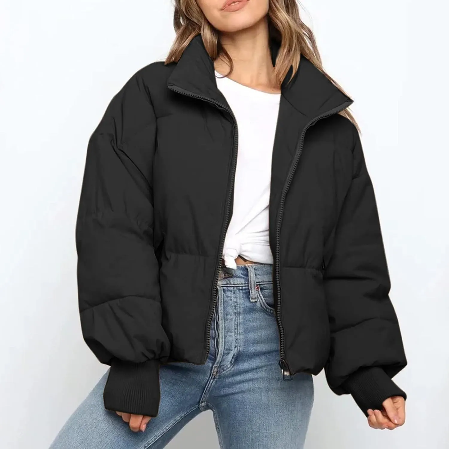 Women’s Winter Warm Cropped Puffer Jacket Coat Casual Quilted Baggy Long Sleeve Zip Down Sherpa Jackets Outerwear