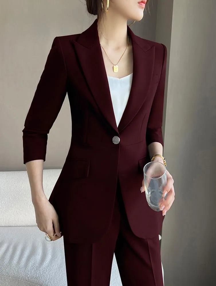 Women's Work Lady Suit One Button Jacket and Pants 2-Piece Tailored Fit Tuxedos