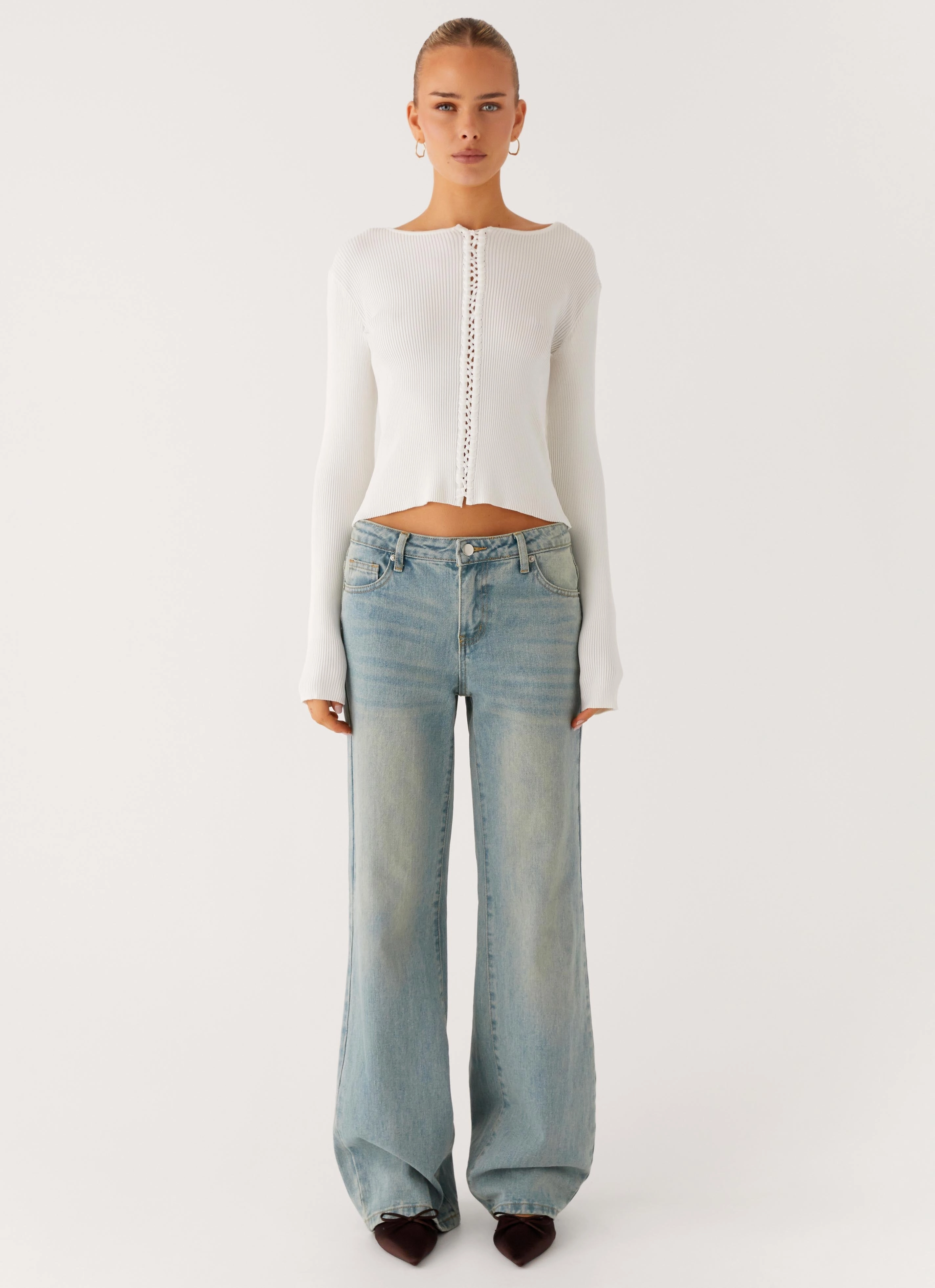 Layered Ventilation Zones SoftTouchBrushedInterior Wonderwall Lace Up Long Sleeve Top - White