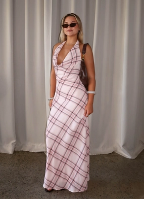 Quiet Sweet Elegant Waistband Muse Maxi Dress - Pink Check