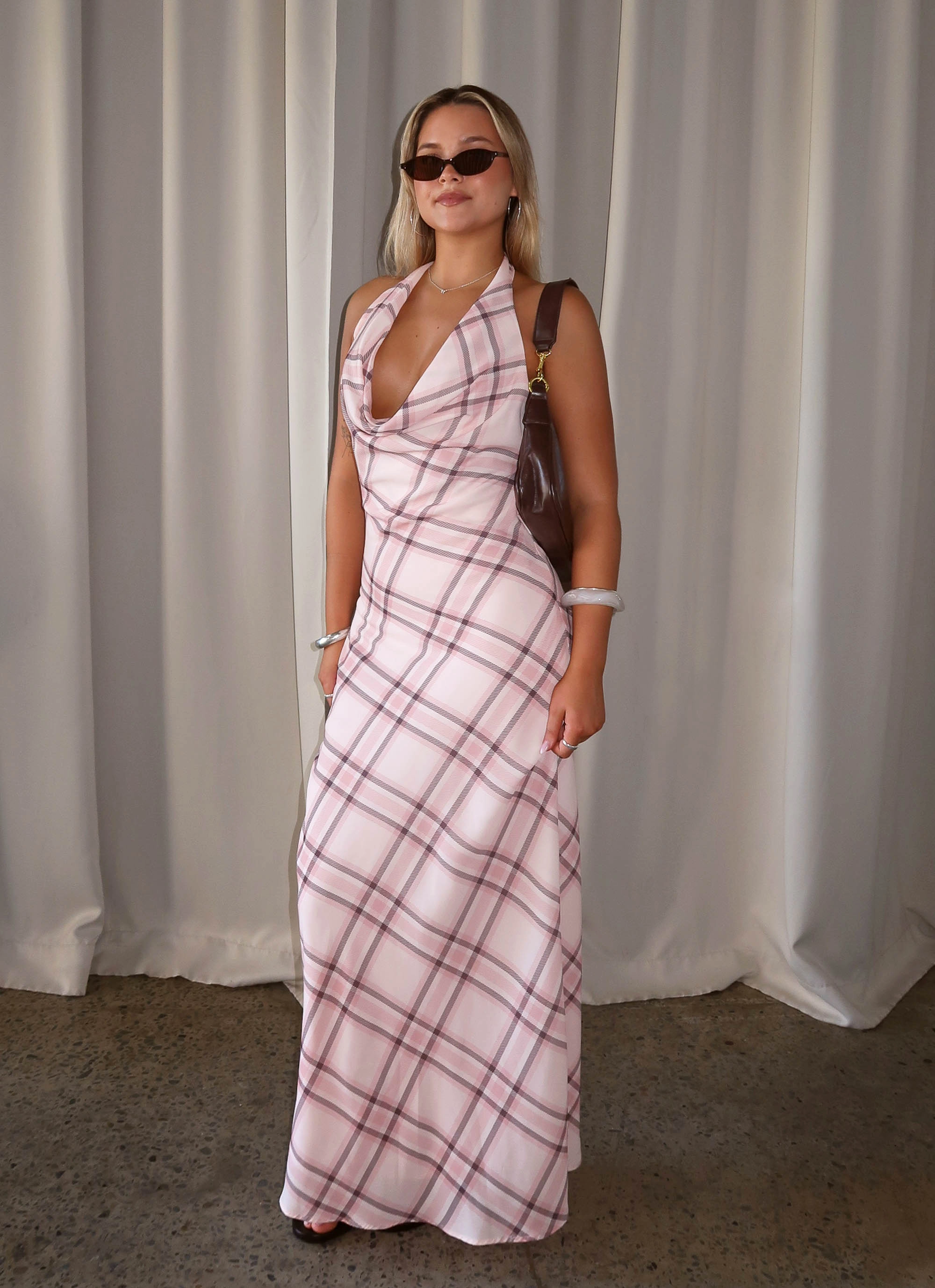 Quiet Sweet Elegant Waistband Muse Maxi Dress - Pink Check