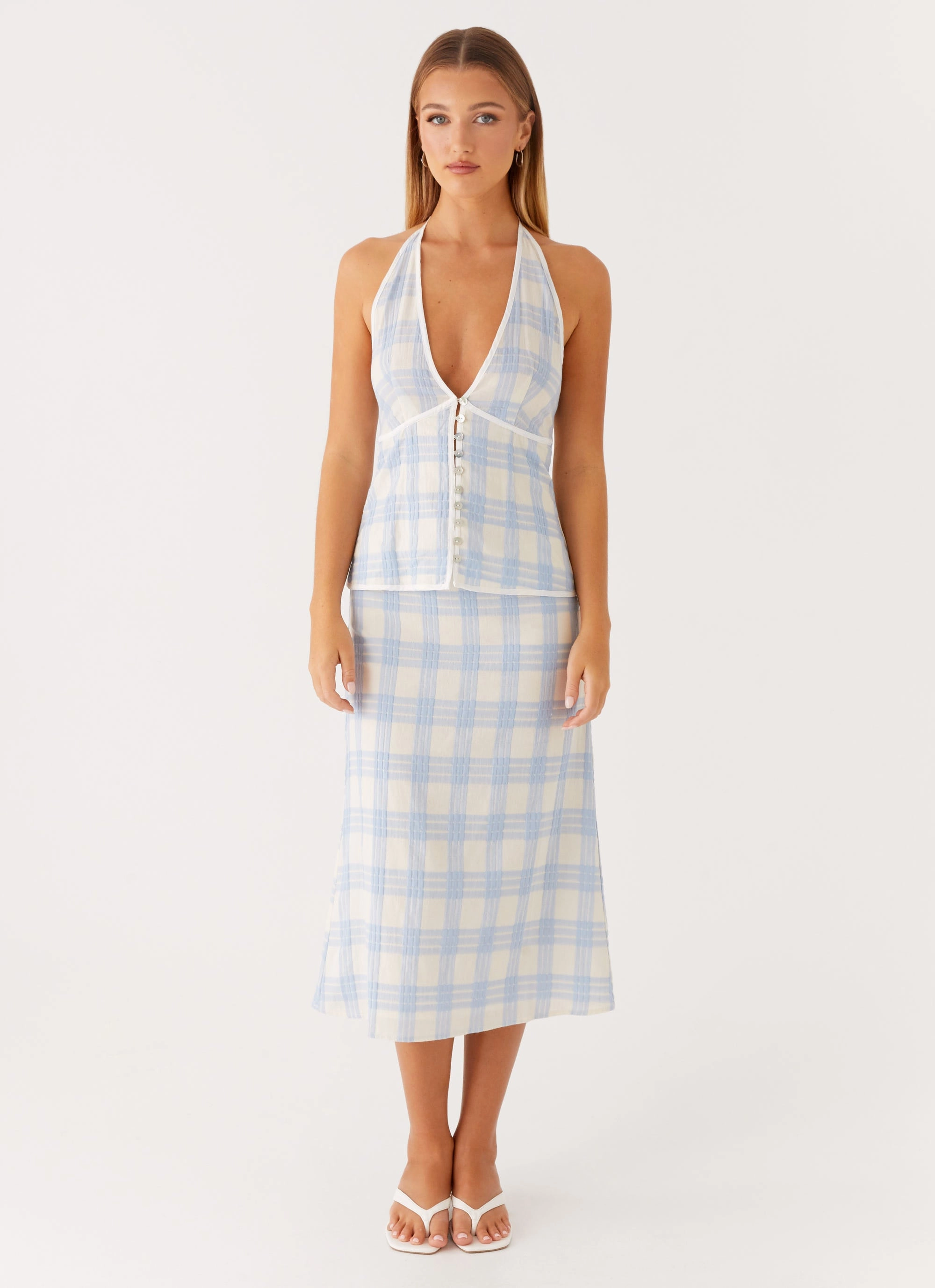 Esther Midi Skirt - Blue Check Seersucker Layering Comfort DurableBartack