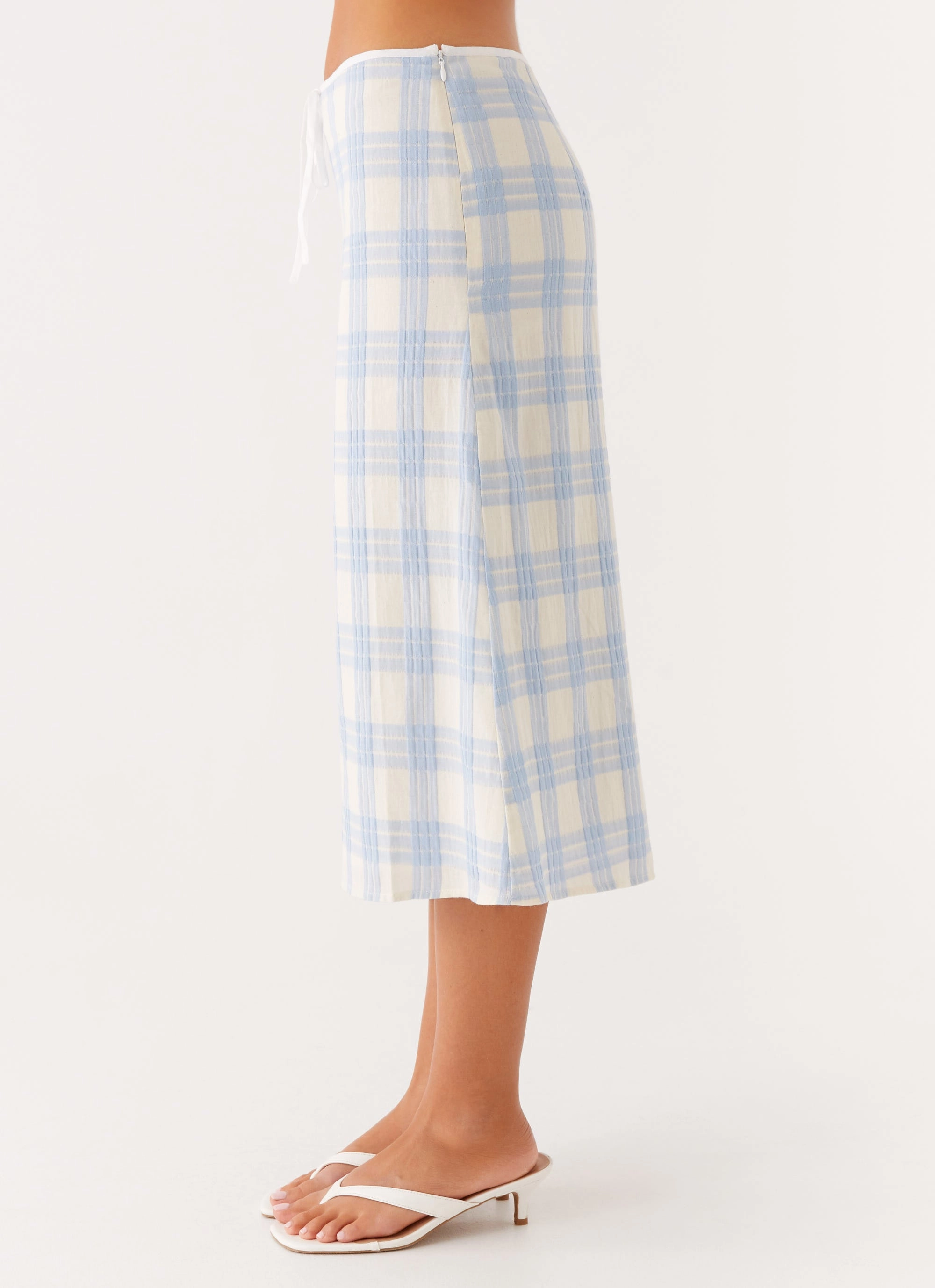 Esther Midi Skirt - Blue Check Seersucker Casual Fit Design LowProfileWaistband