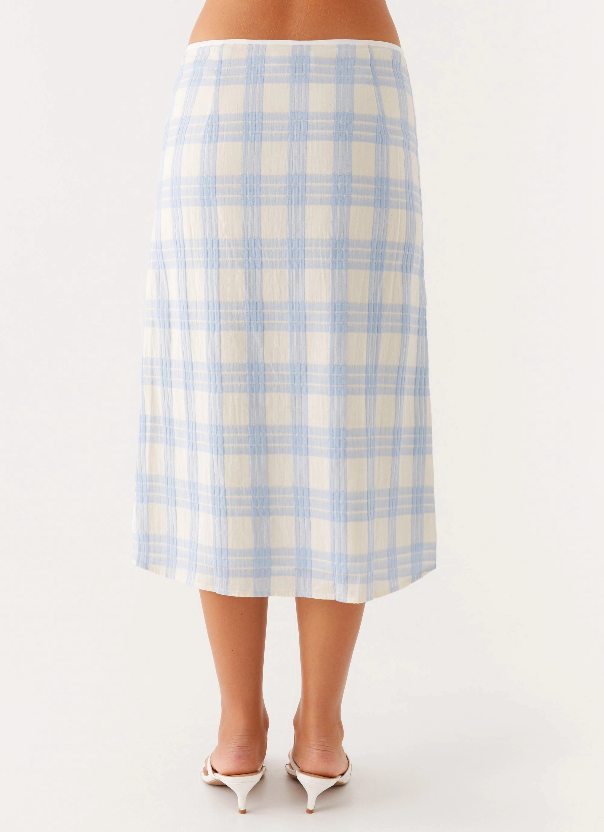 Esther Midi Skirt - Blue Check Seersucker Effortless Comfort Sport Performance