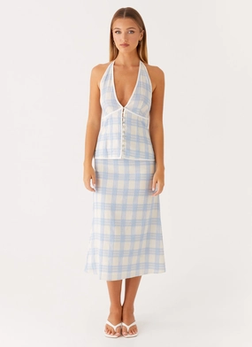 Esther Midi Skirt - Blue Check Seersucker Layering Comfort DurableBartack