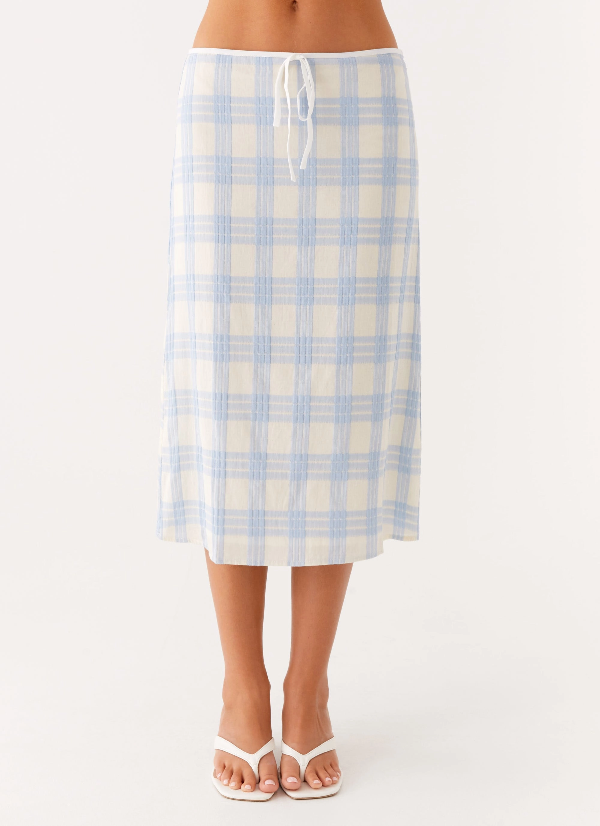 Cozy and Soft Esther Midi Skirt - Blue Check Seersucker