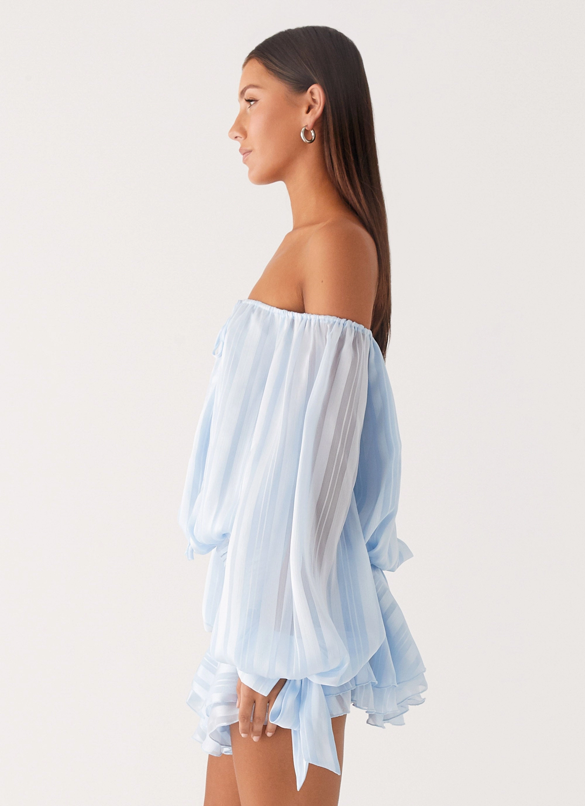 Metallic-Shine Seasonal Layering Eira Balloon Sleeve Mini Dress - Baby Blue