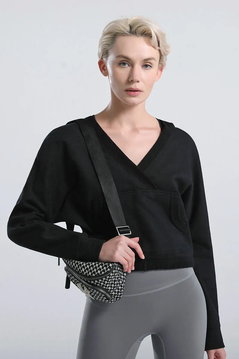 Wrap-Effect V-Neck Fleece Hoodie