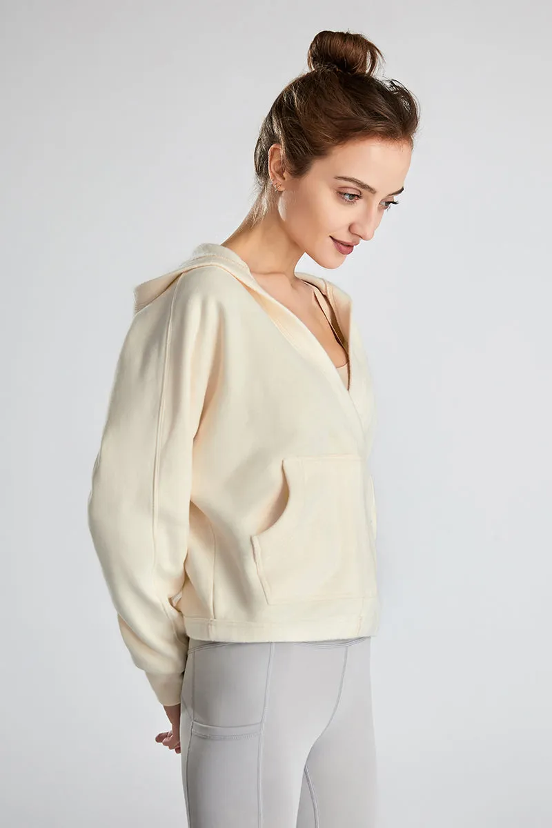 Wrap-Effect V-Neck Fleece Hoodie