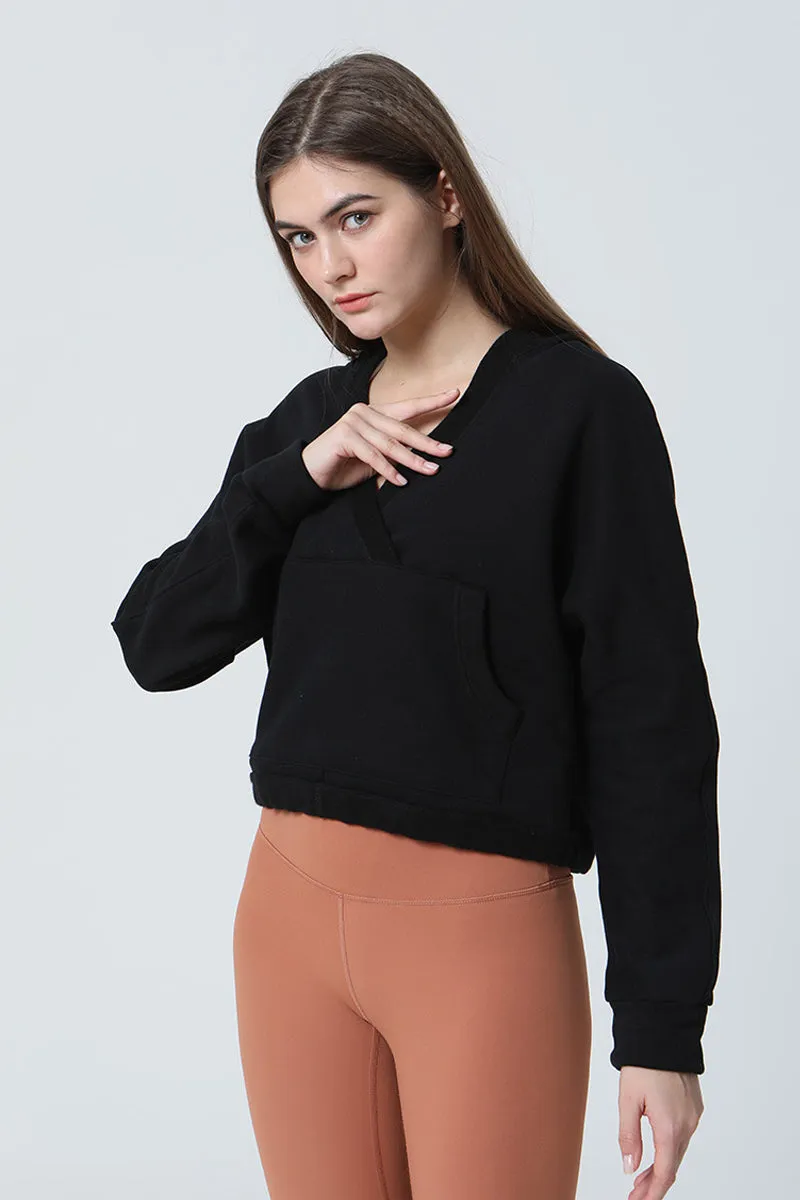 Wrap-Effect V-Neck Fleece Hoodie