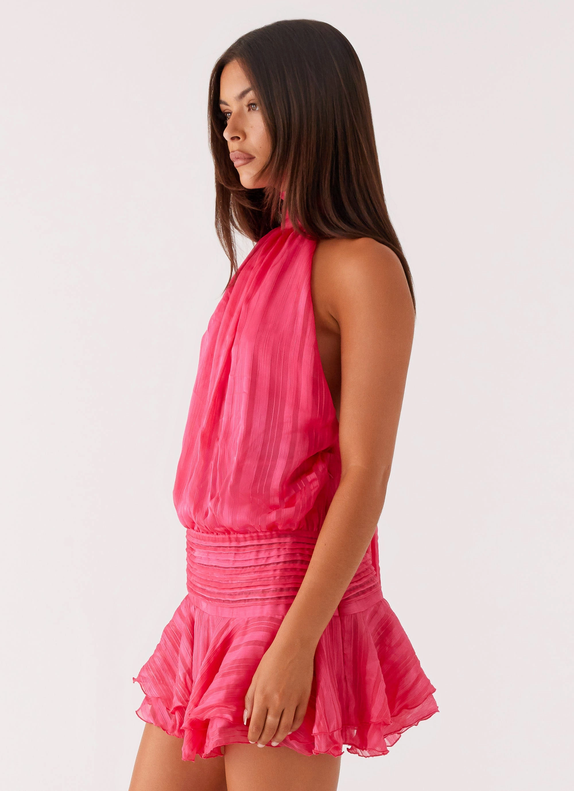V Neckline Willow Chiffon Mini Dress - Fuchsia