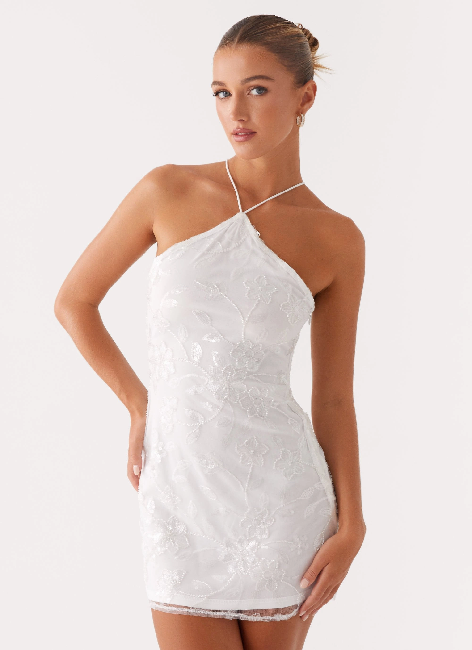 Minimalist Fit Long Lines Rumi Beaded Mini Dress - White