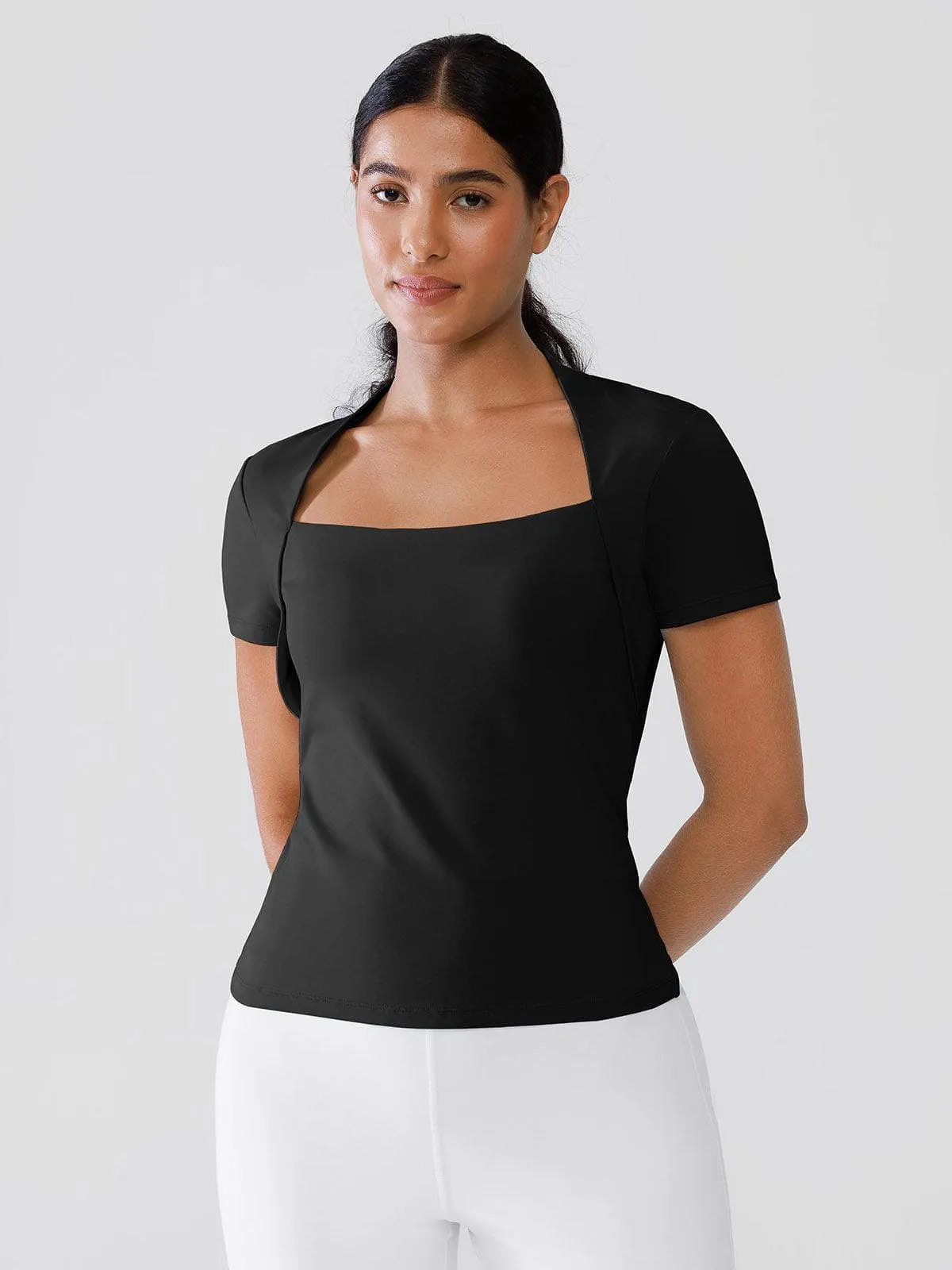 FourWayStretch Sustainable Fabric Blend Brxl Short Sleeve Square Neck Shrug Crop Top