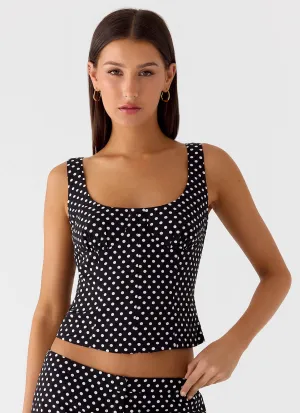 DoubleStitched Hem Circular Knit Coastline Bustier Top - Black Polkadot