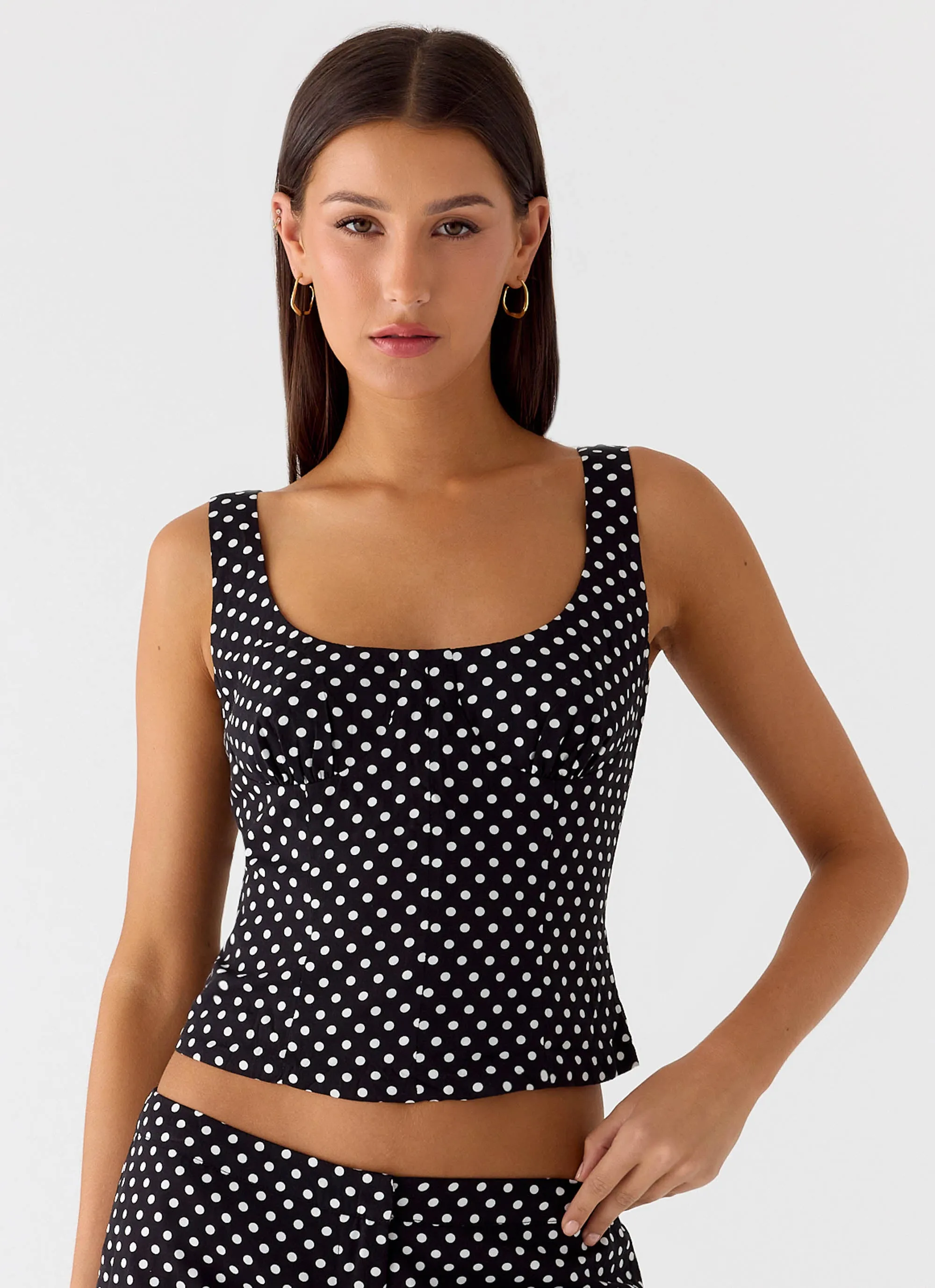 DoubleStitched Hem Circular Knit Coastline Bustier Top - Black Polkadot