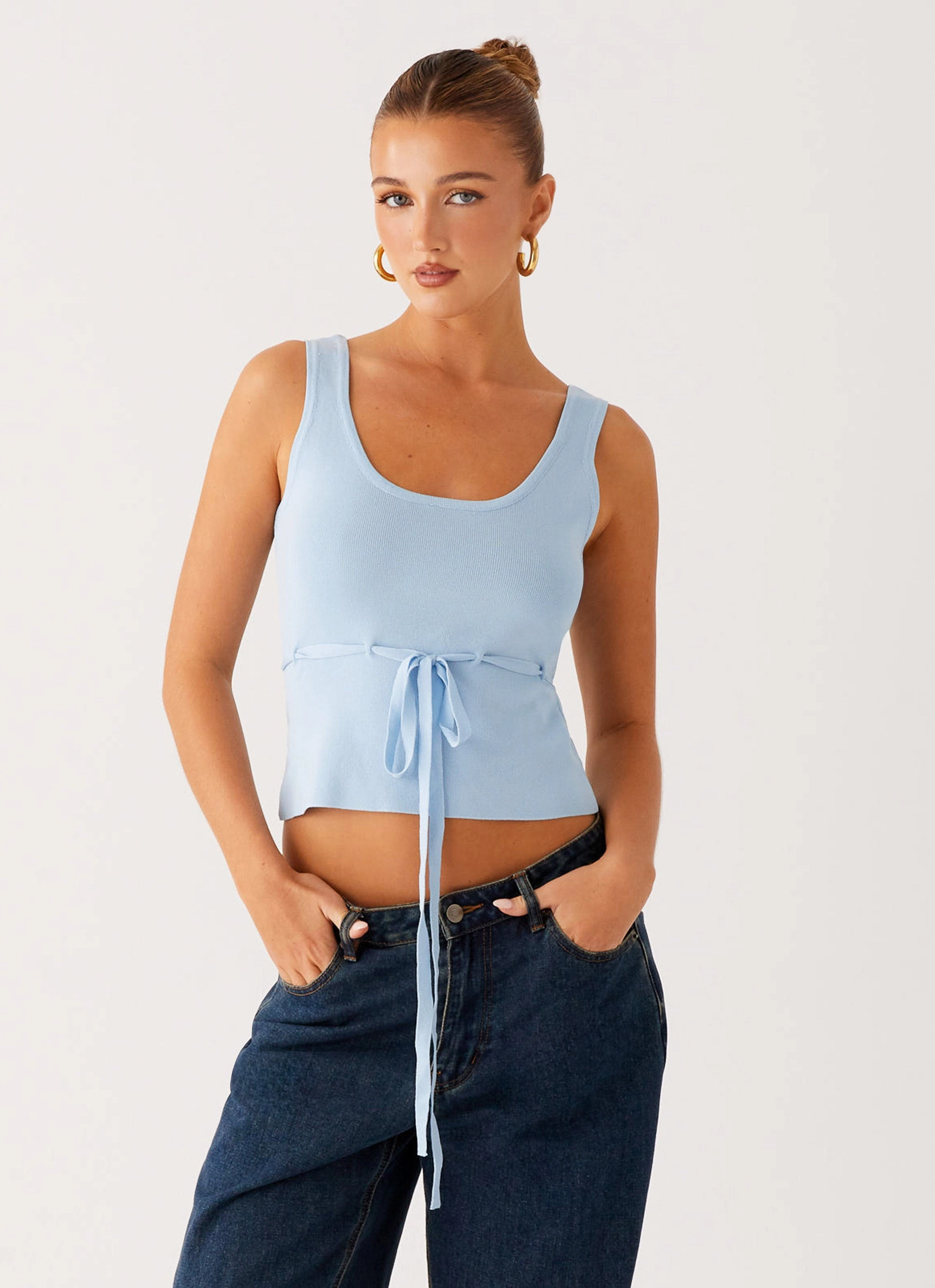 AdjustableNeckline Ribbed Collar Design Macall Knit Tank - Blue