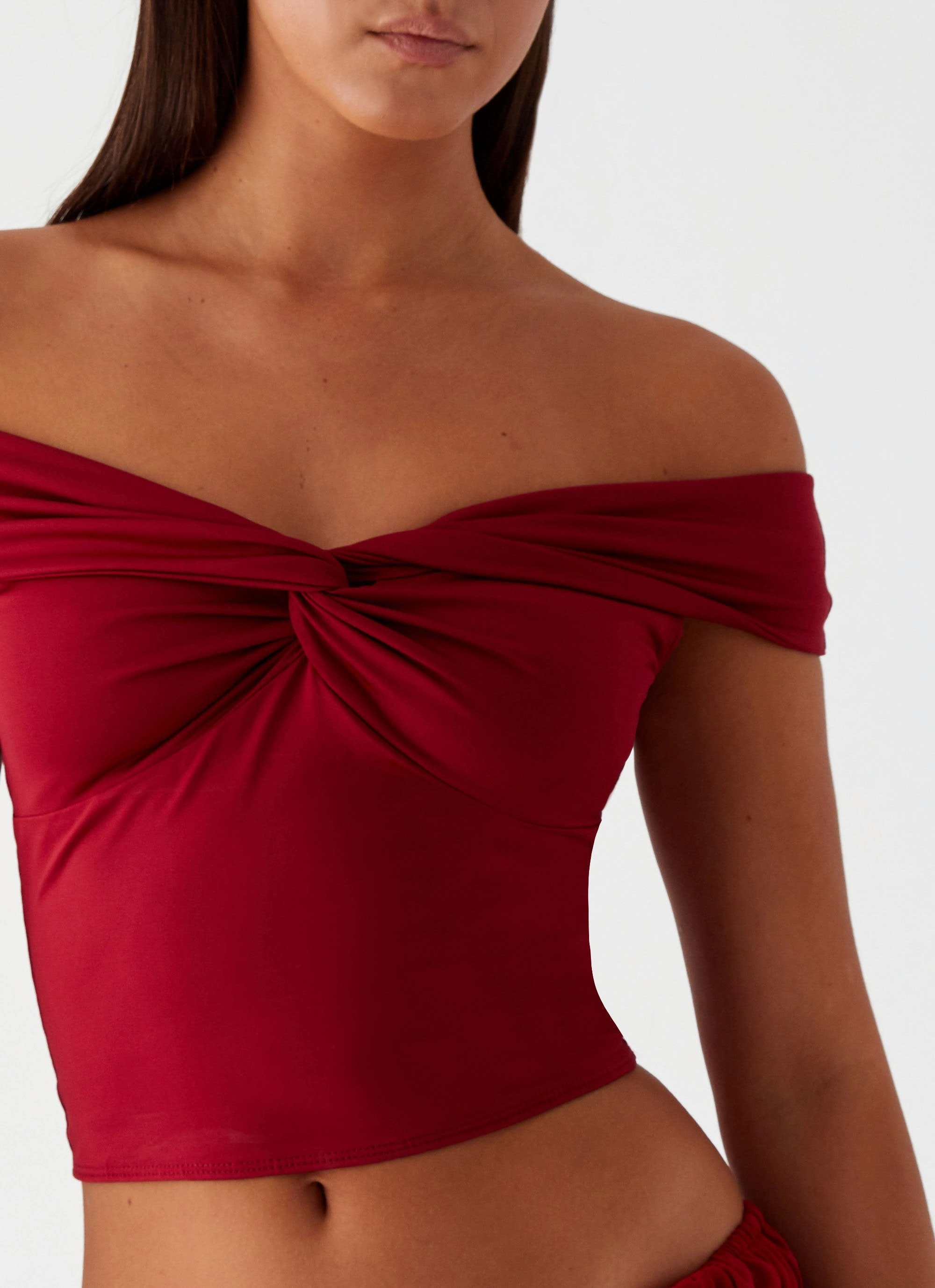 ContrastPlacket Trixie Twist Off Shoulder Top - Maroon