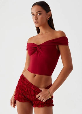Trixie Twist Off Shoulder Top - Maroon Breathable Ventilation Stretch waistband