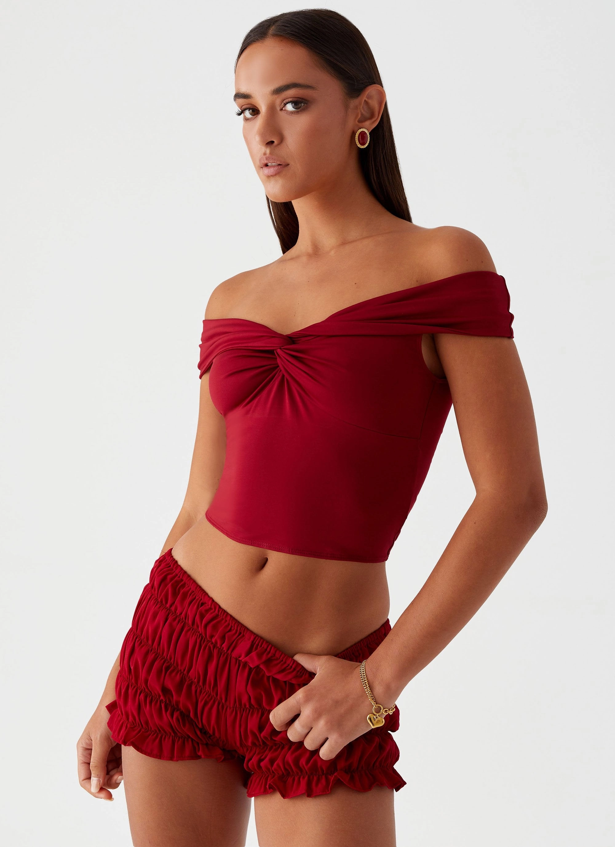Trixie Twist Off Shoulder Top - Maroon Breathable Ventilation Stretch waistband